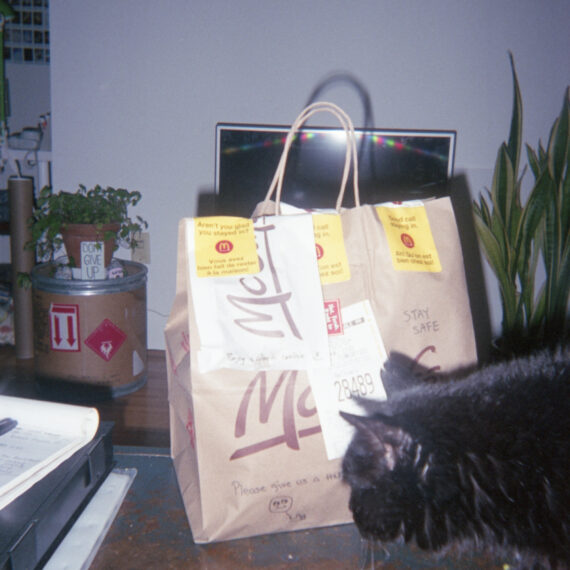 A bag of McDonalds take-out is resting on a surface. The bag is covered with tamper-proof stickers and the order receipt. There is text written on the paper bag that reads “STAY SAFE”. A black cat is walking in front of the bag. Behind the bag of McDonalds are house plants, a tv, screen, and some prints hanging on a wall. There is a sign in front of one of the houseplants that reads “Don’t Give Up.”
