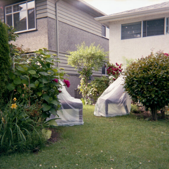 Two chairs wrapped in plastic are facing each other on a front lawn. The two chairs are sitting behind two shrubs. There are other flowers and shrubs surrounding the garden. The house behind the lawn is white with three windows facing the front.