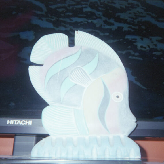 Photo of a wooden sculpture of a tropical fish. The sculpture is resting in front of a Hitachi brand tv screen which is showing an image of a body of water. The photo was taken with flash and the sculpture is brightly lit.