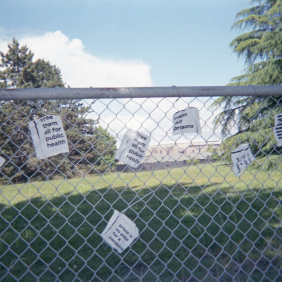 A metal fence in front of a grassy patch and trees is zip-tied with pieces of white cloth screen printed with black text. The text reads “free them all for public health and prison is no place for a pandemic.” In the distance behind the fence is a juvenile prison. Behind the prison is a pale blue sky with opaque white fluffy clouds.