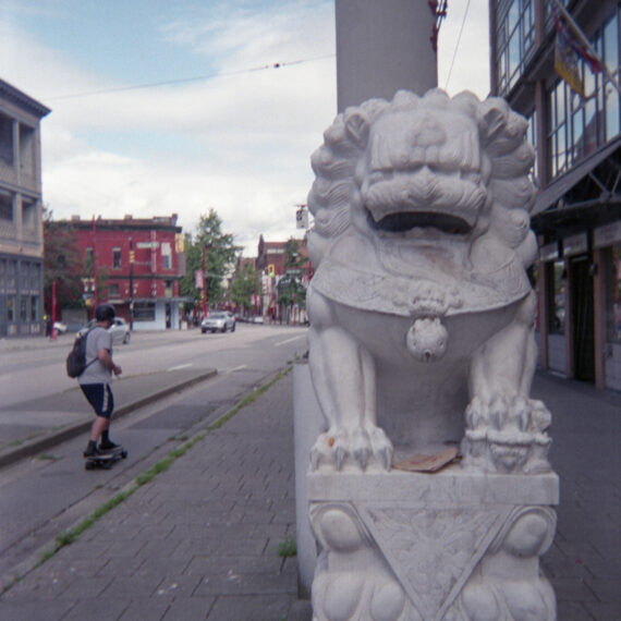 A person wearing blue shorts, a grey t-shirt, a black helmet, and a black backpack is riding a skateboard on the road into Vancouver’s Chinatown. A marble statue of a guardian lion at the gates of Chinatown is in the foreground of the photo.