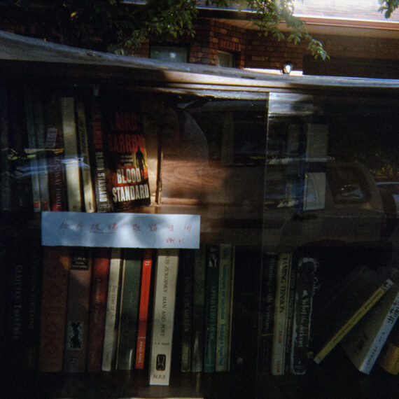 Sunlight shining through a little free library. There is a small sign written in Chinese taped to the glass encasing the books in the makeshift wooden case.