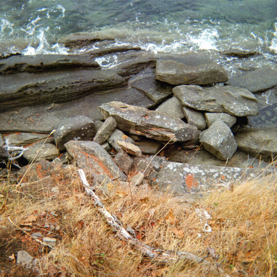 Colour photo of water crashing against a rocky shore. Behind the rocks is yellowing grass.